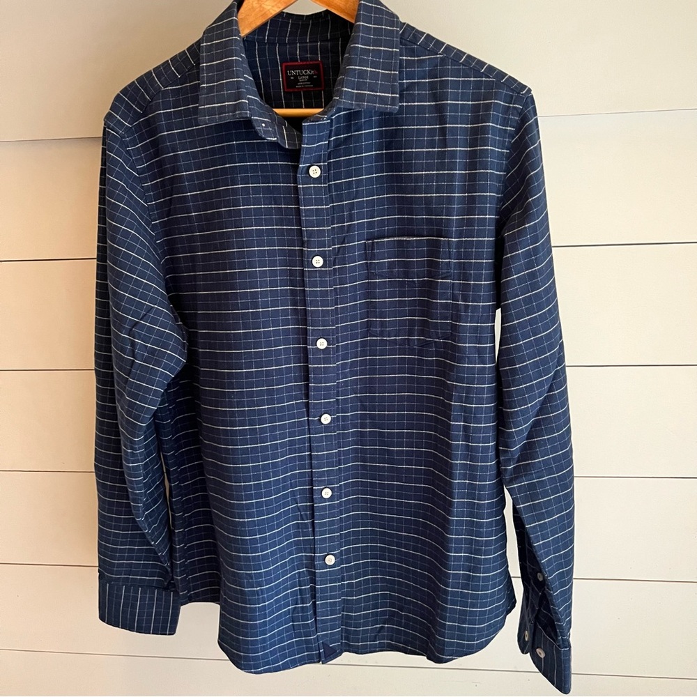 UNTUCKit Navy Blue Plaid Casual Button Down Soft Cotton Shirt Size Large
